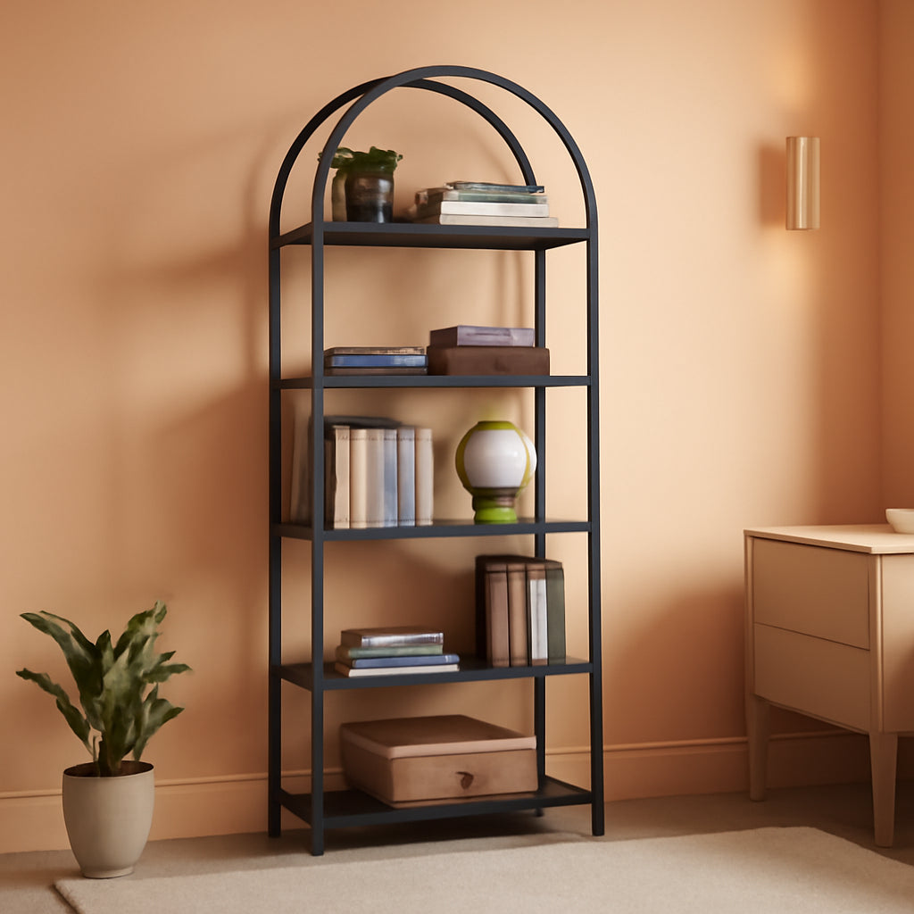 Tall Black Arched Bookcase With 5 Open Shelves For Living Room