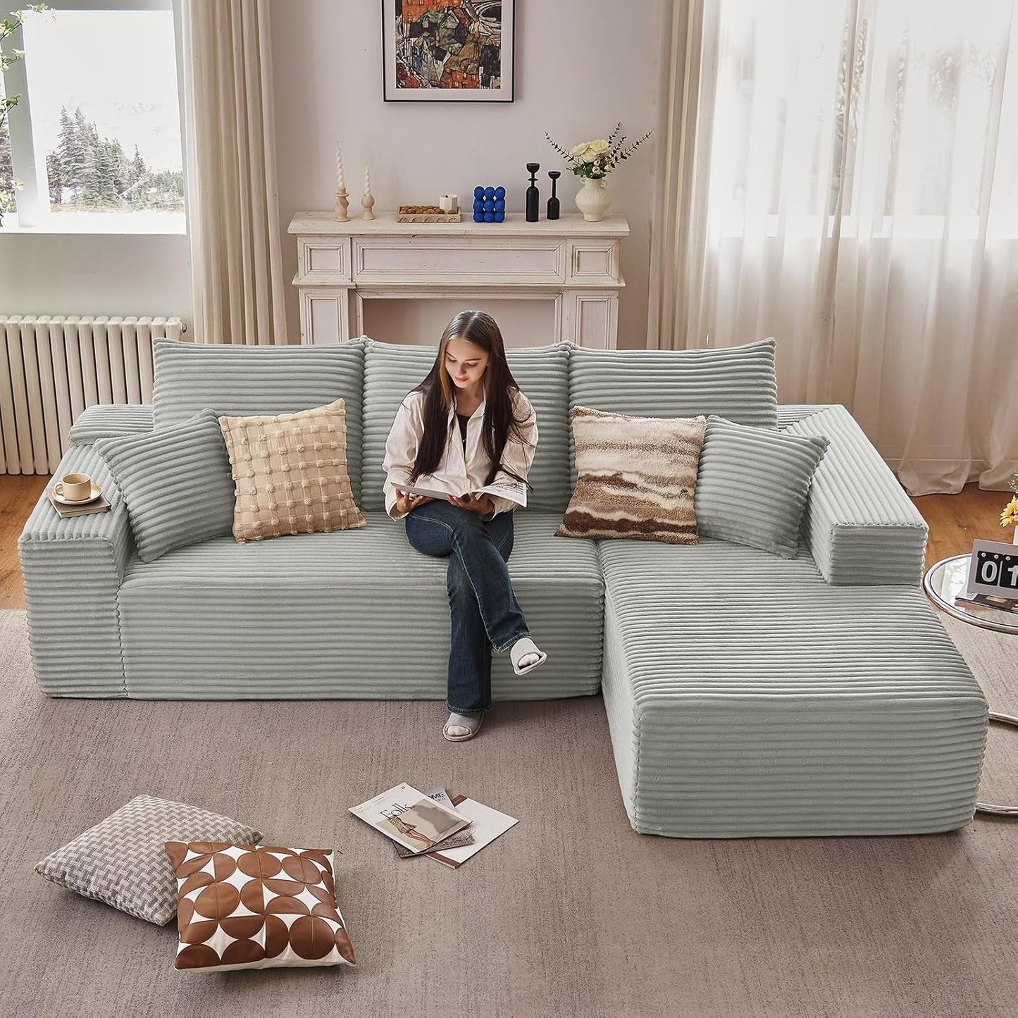 107 Inch Grey Corduroy L Shaped Modular Sleeper Sofa