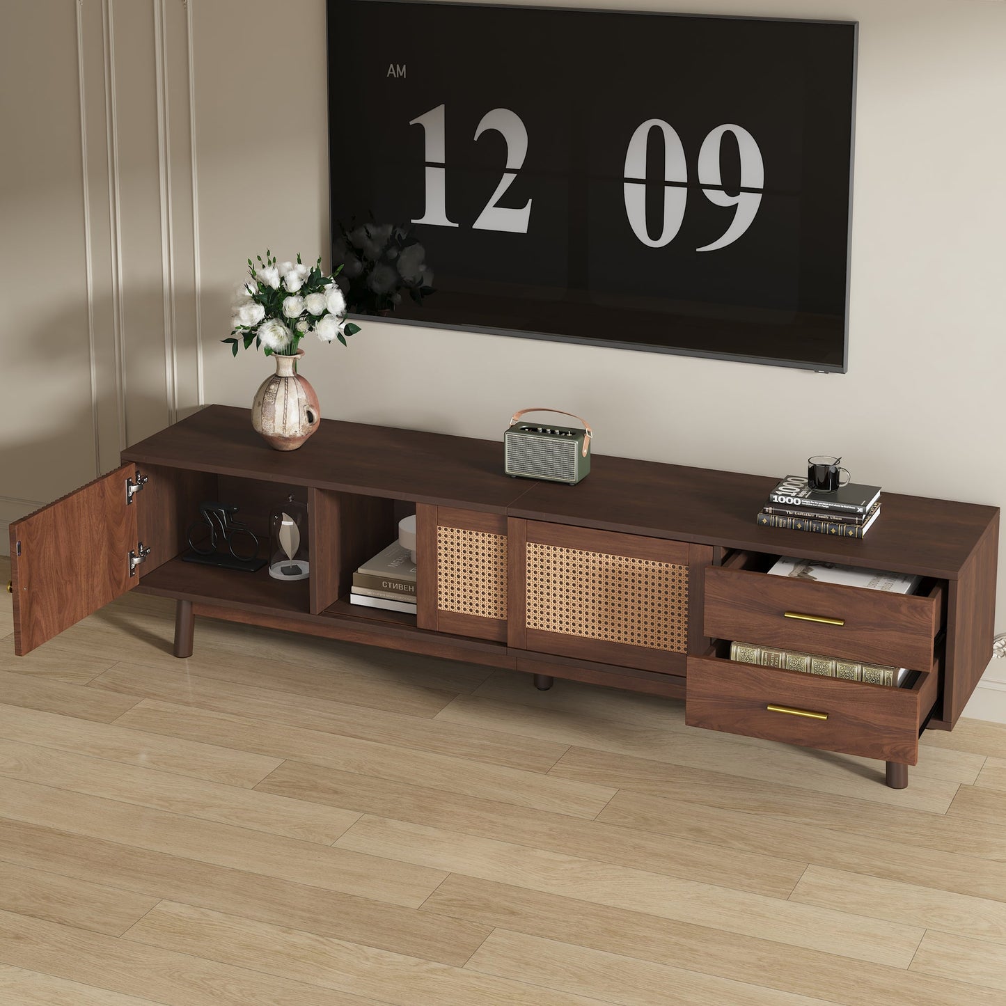 Mid Century Modern TV Stand for 80' TVs, Entertainment Center with Sliding Doors and Drawers, TV Table with Storage for Living Room, Bedroom