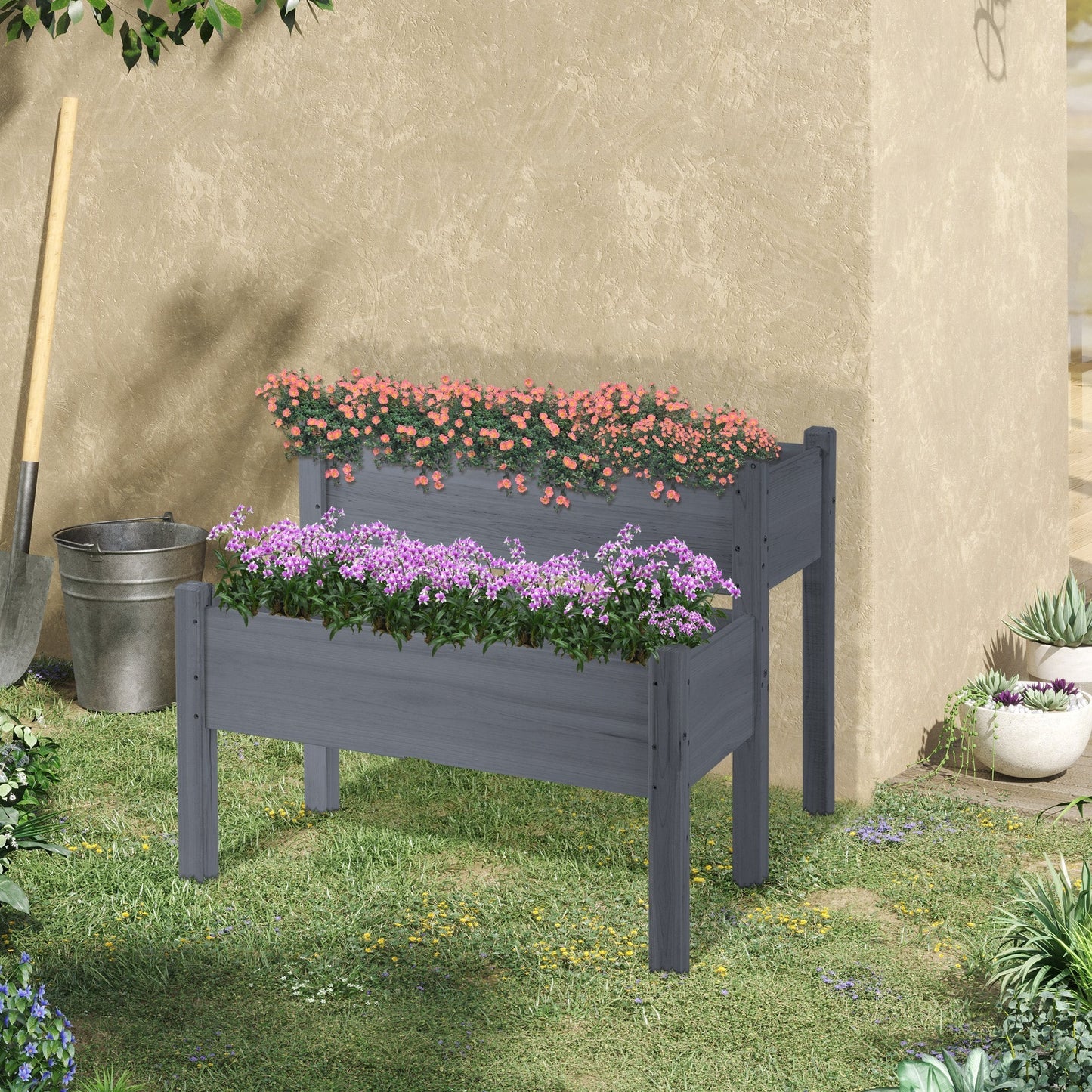 Outsunny 34'x34'x28' Raised Garden Bed, 2-Tier Elevated Wood Planter Box for Backyard, Patio to Grow Vegetables, Herbs, and Flowers, Gray