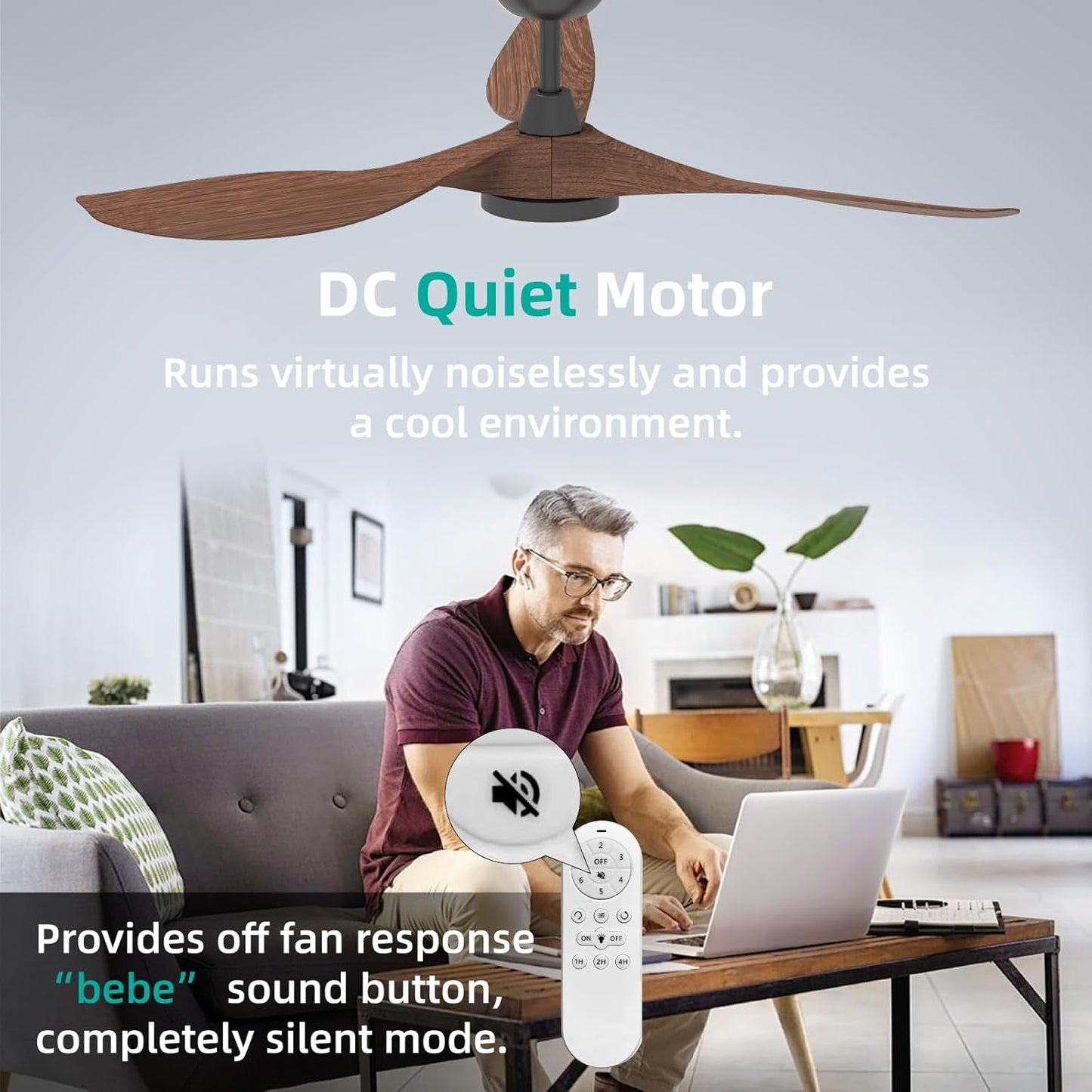 52 Inch Black Ceiling Fan With Lights And Remote Control with DC Quiet Motor and remote control in a modern living room setting.