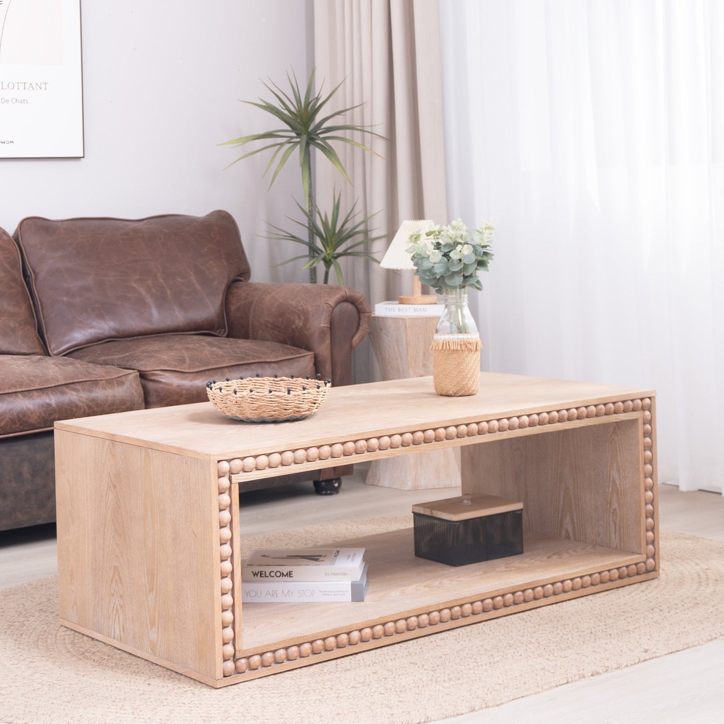Rustic Beaded Edge Coffee Table – 47.6" Rectangular Center Table with Open Storage Shelf