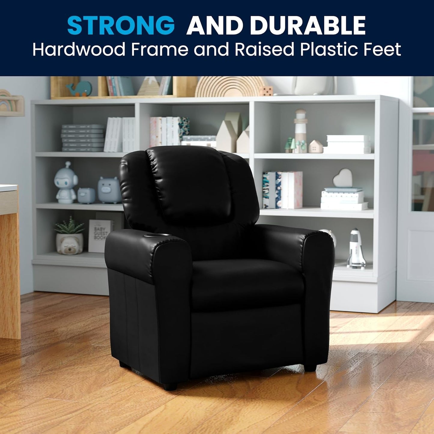 Kids Leathersoft Recliner With Cup Holder And Safety Recline Black