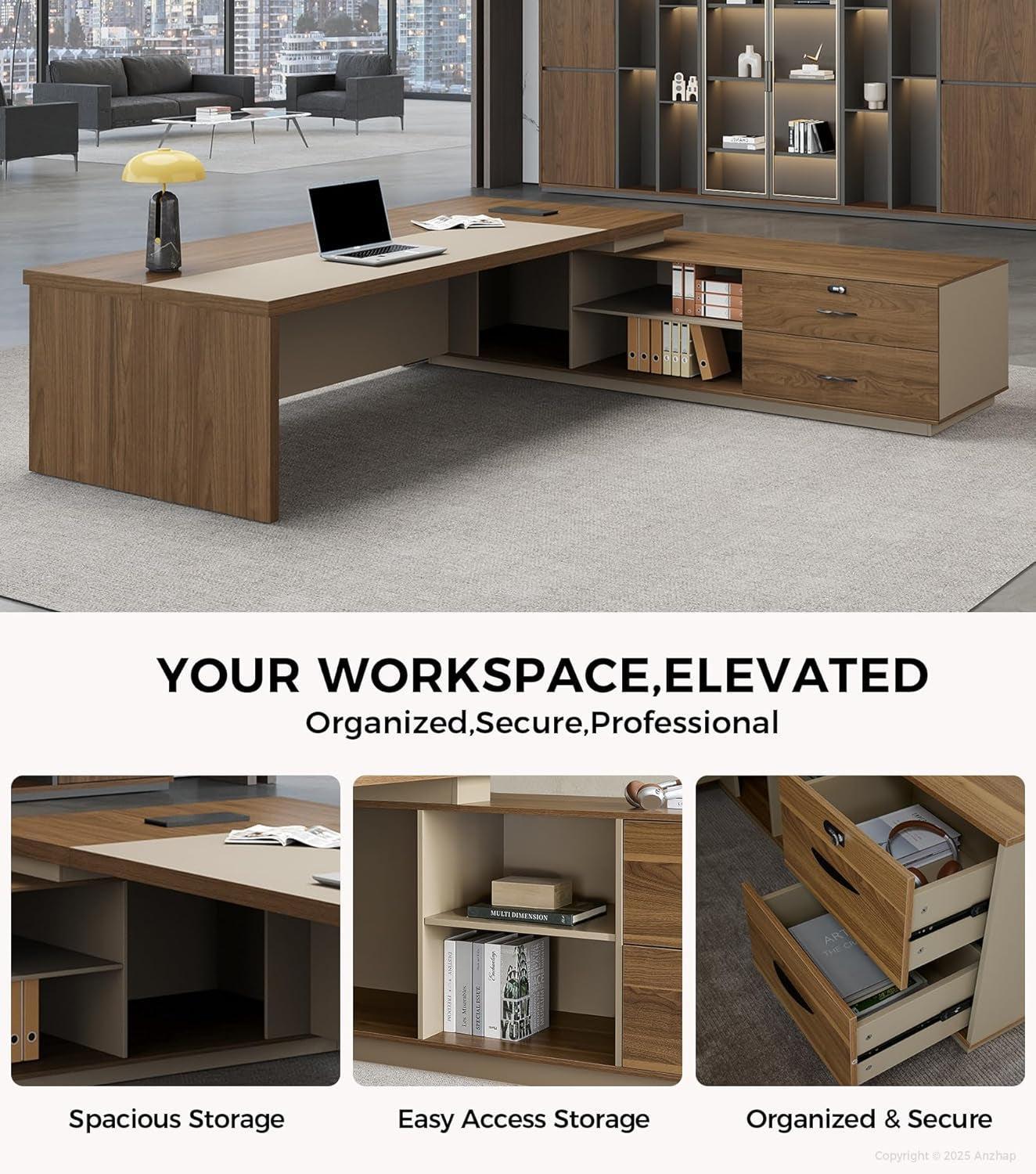 79 Inch L Shaped Desk Lockable Drawers Privacy Panel