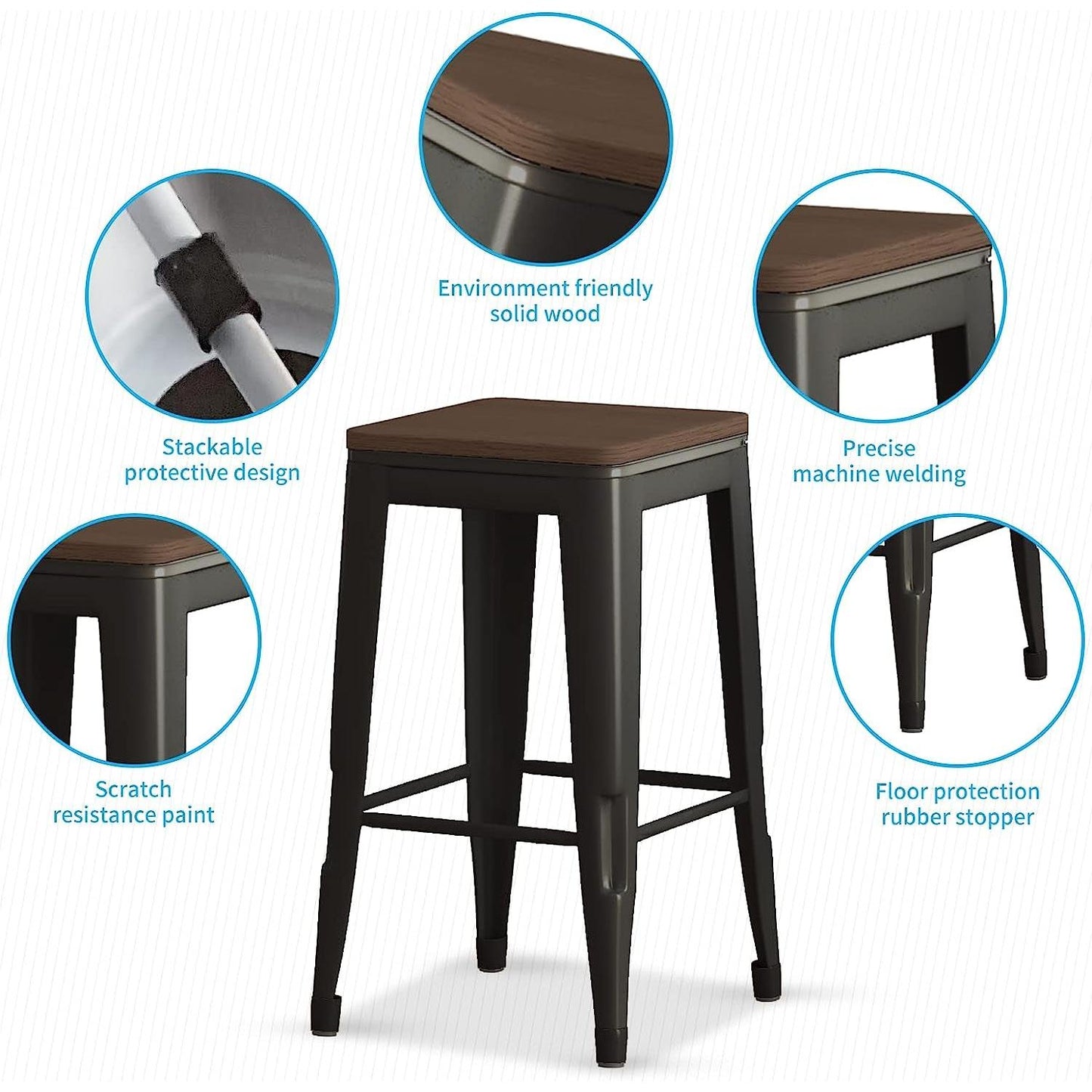 Square Metal Bar Stool Set Of 2 Stackable 330 Lb. Capacity with protective design and scratch resistance.