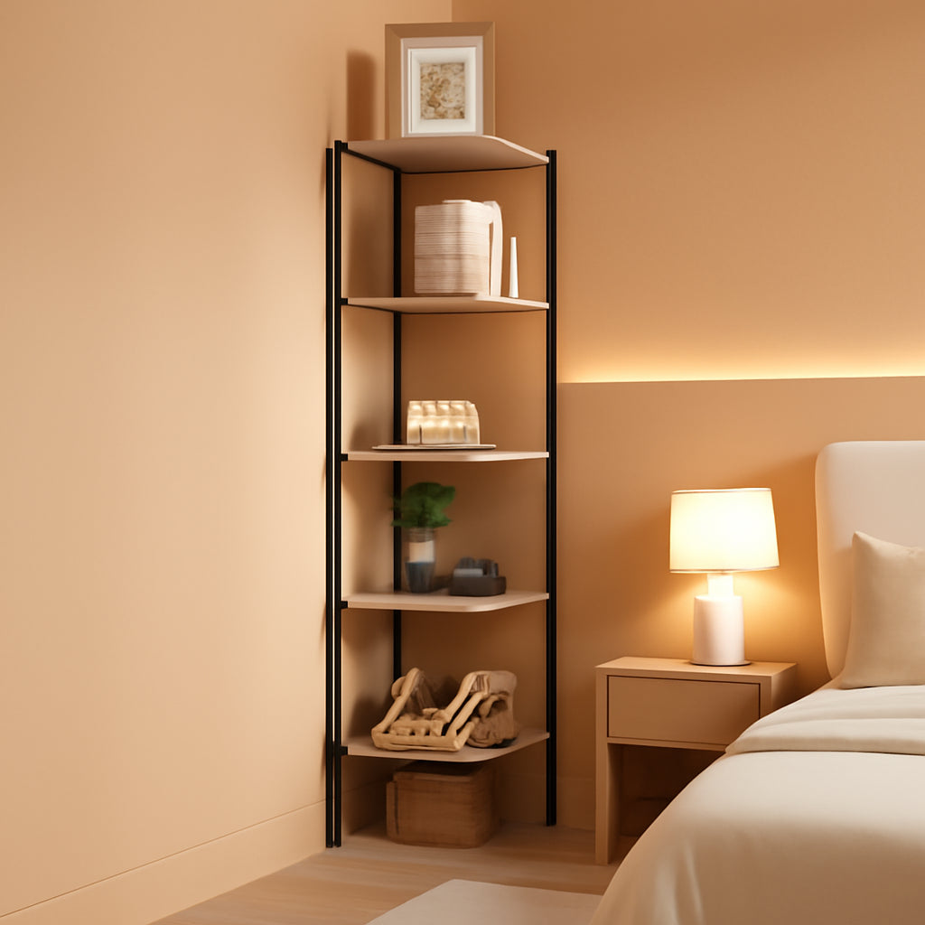 6-Tier Greige Corner Shelf Stand For Living Room And Office