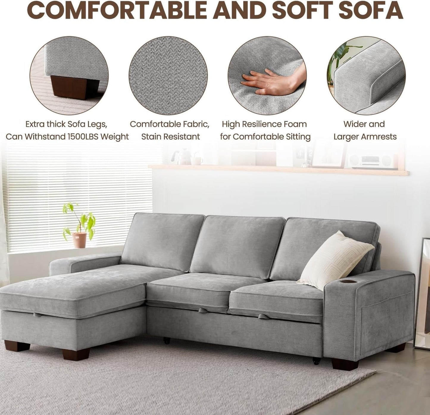 Gray 99In LShaped Memory Foam Cushion Sleeper Sofa Covers