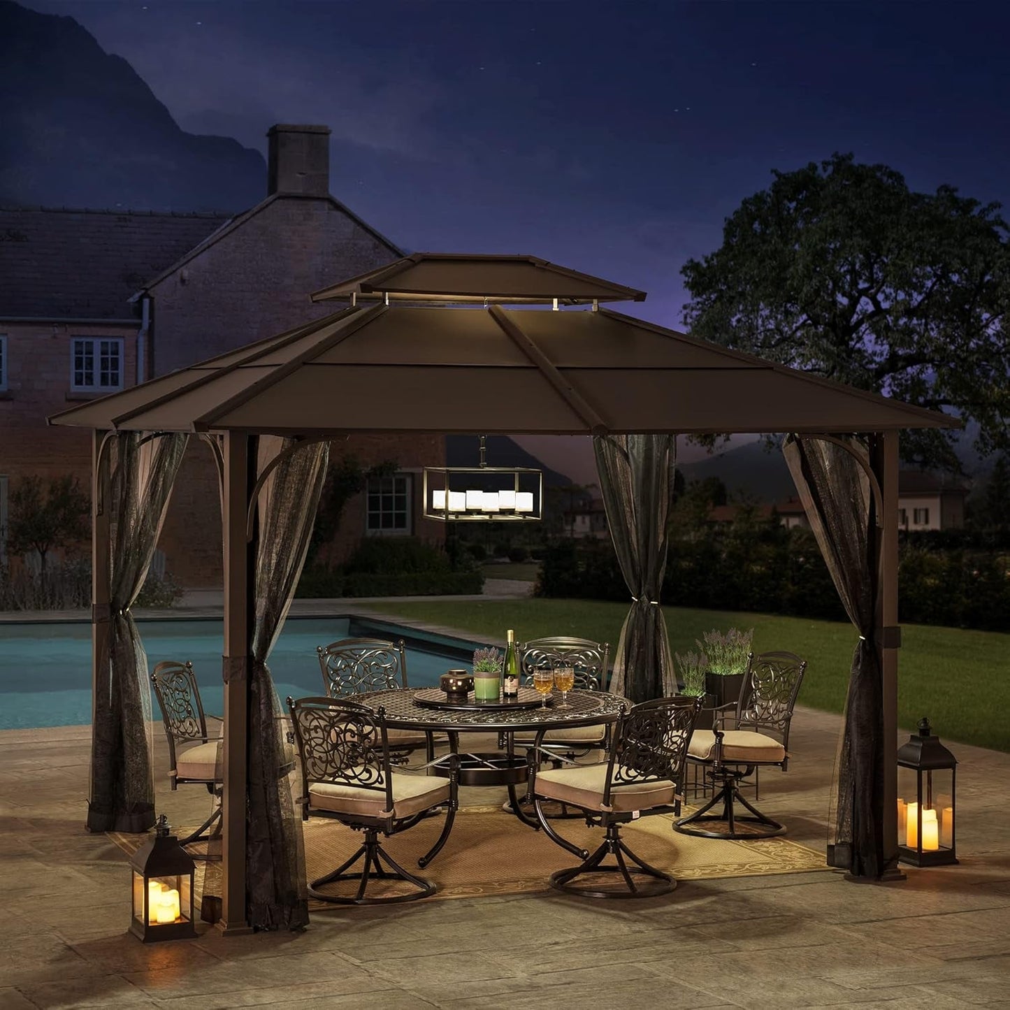 10x12 Brown Hardtop Gazebo With Steel Frame And Netting For Outdoor Patio Garden Canopy Shelter
