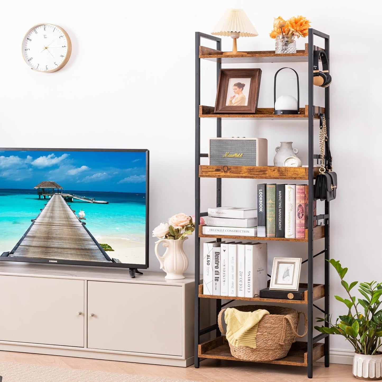 Adjustable Six Tier Industrial Wood Black Metal Bookcase