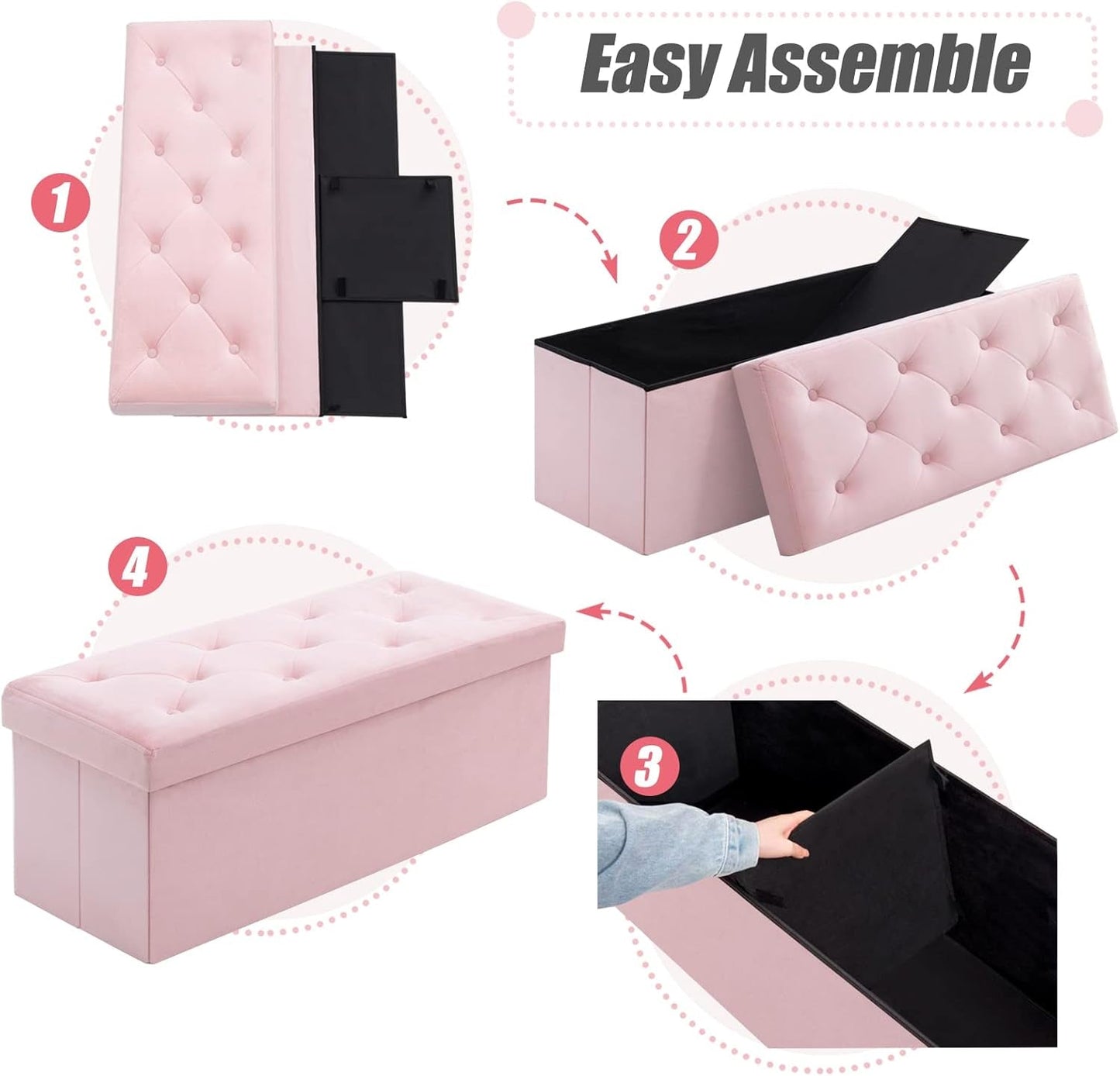 Pink 43 Inch Velvet Lux Foldable Storage Ottoman Bench