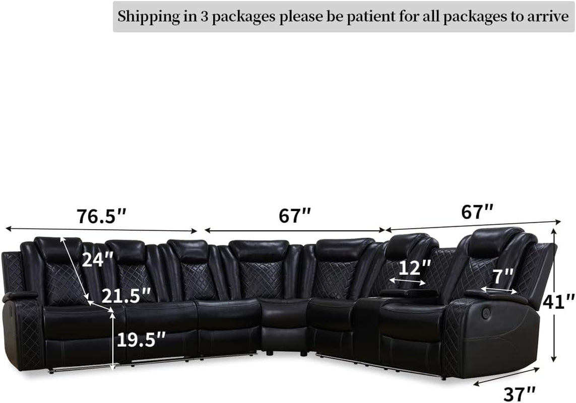 Black Leather Power Recliner Living Room Set With Cup Holders