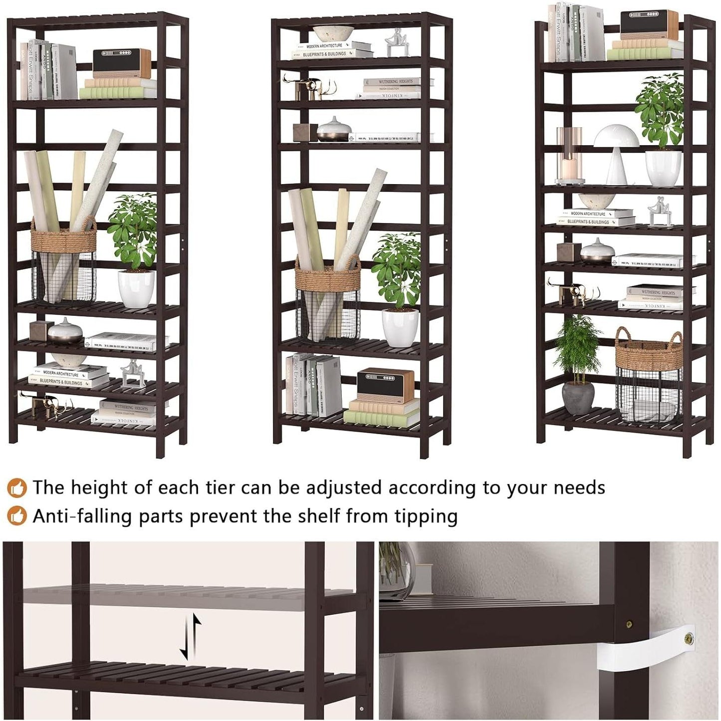 6-Tier Bamboo Bookcase Espresso 63.4 Inch Tall Freestanding Shelf