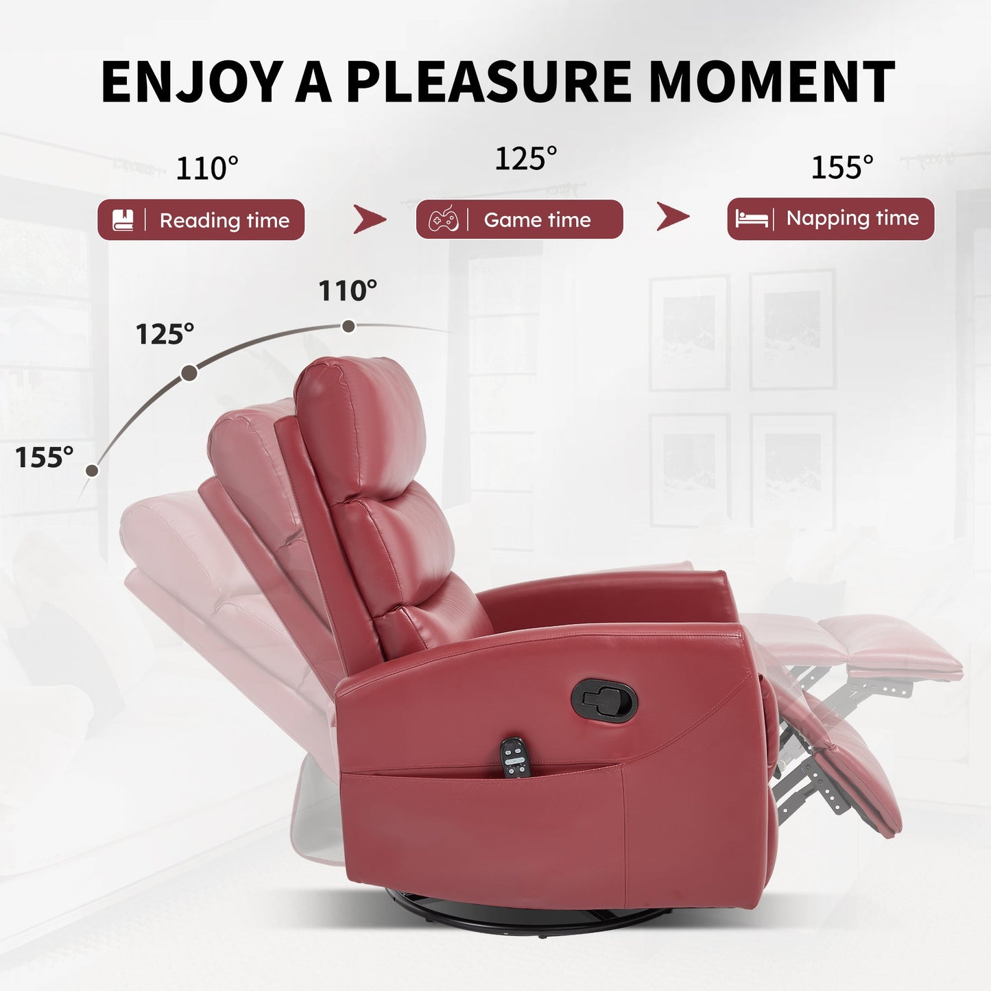 Heat Massage Manual Recliner Chair with Rocker and Swivel in Fabric for Living Room, Red