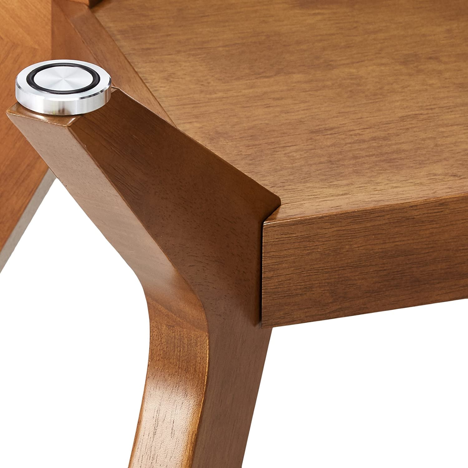 Close-up view of the Paxton Mid Century Modern Dining Table Base Nutmeg Finish highlighting angular leg design.