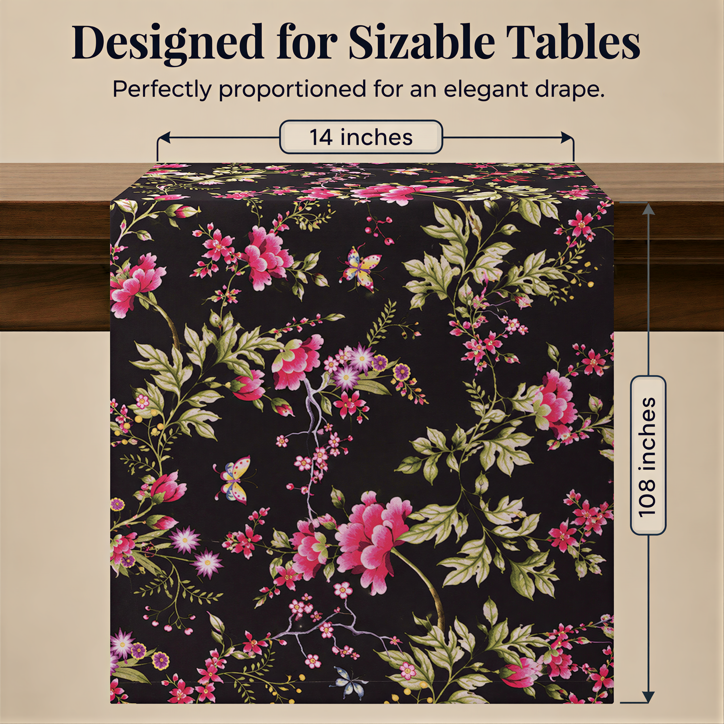 Printed Table Runner - Saku Black Floral Decorative Indoor Outdoor Runner
