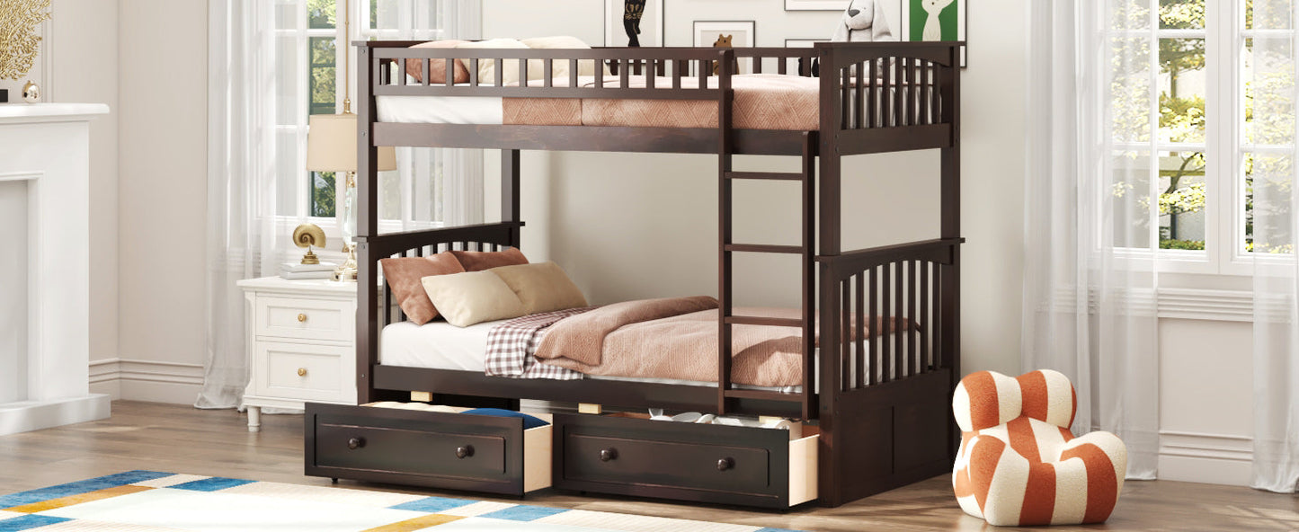 Twin Over Twin Bunk Bed with Drawers, Convertible Beds