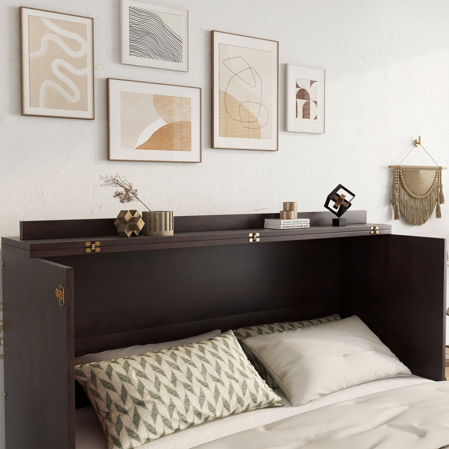 Queen Size Murphy Bed, Pine Wood Cabinet Bed with Power Station and Rattan Decoration Panel,Espresso