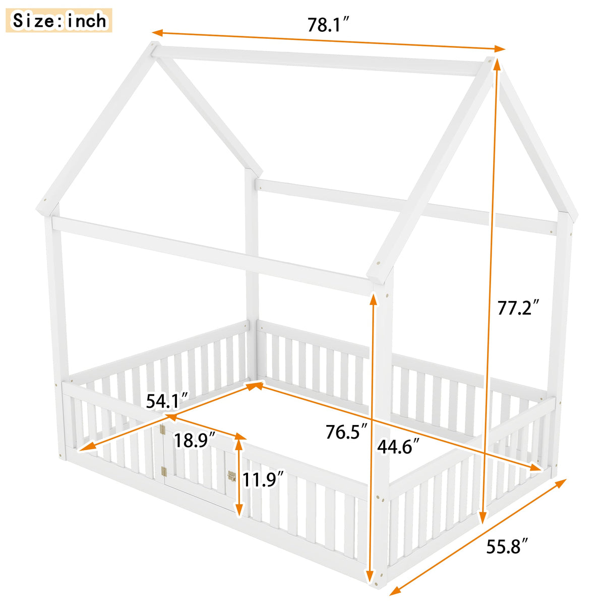 Full Size Wood House Bed with Fence and Door