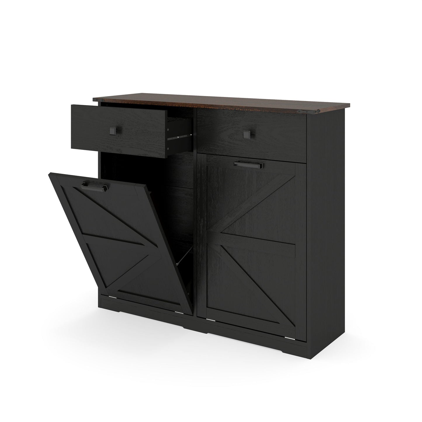 Double Tilt-Out Trash Cabinet With Hideaway Drawer and Barn Door Style