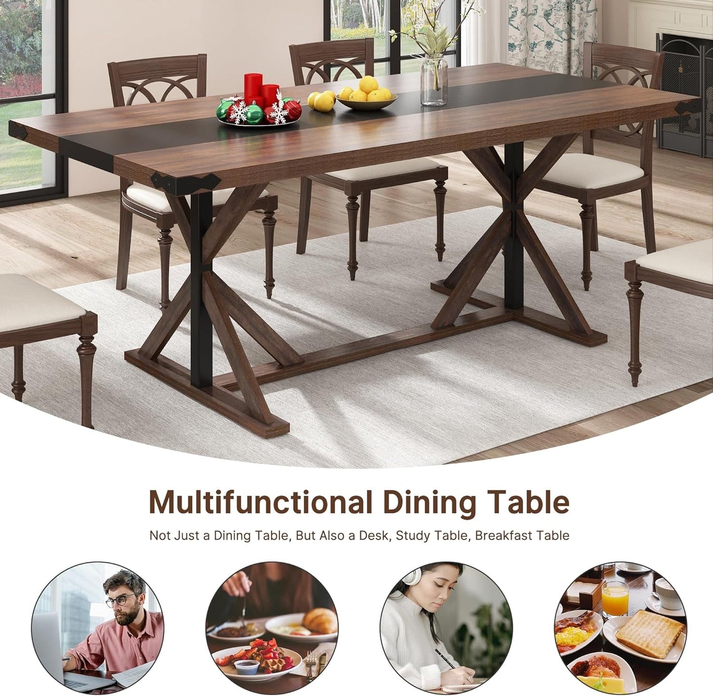 71 Inch Farmhouse Dining Table Waterproof Wood Grain Top