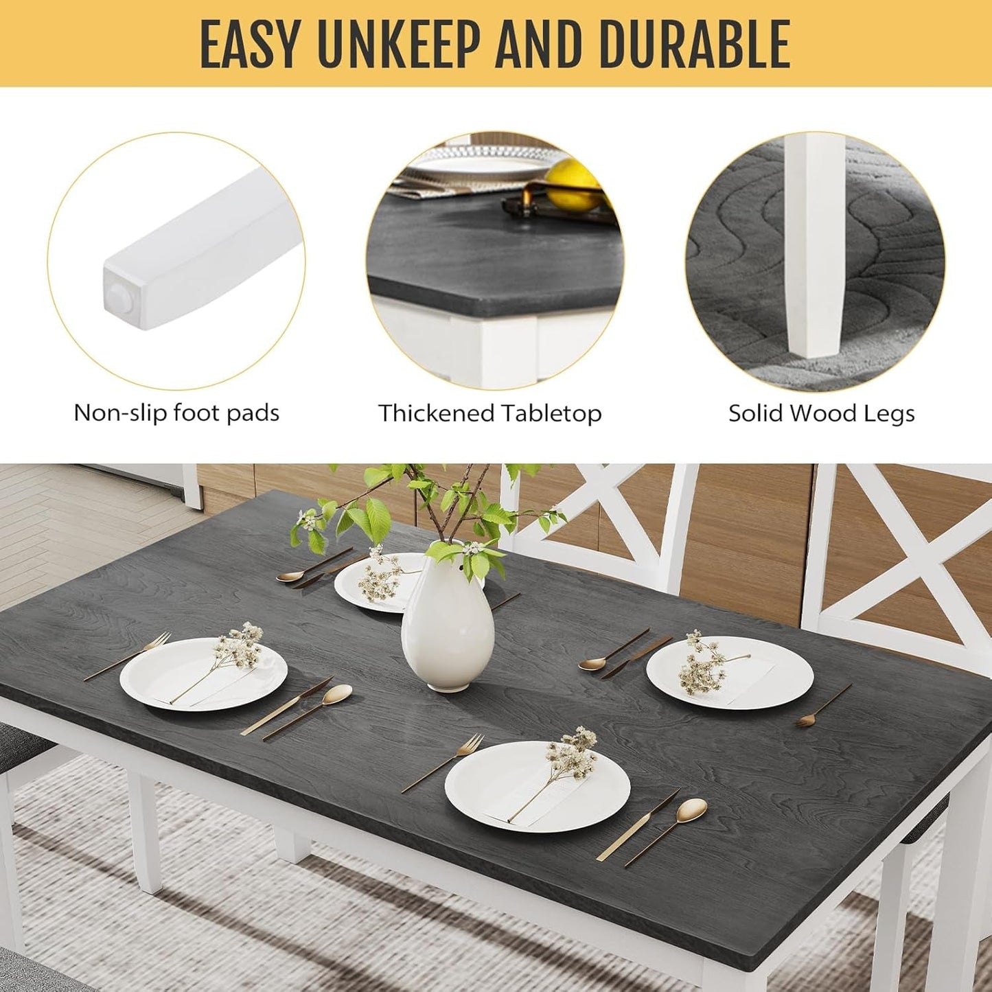 White Slate Grey Solid Wood Contemporary Dining Table Six Seater