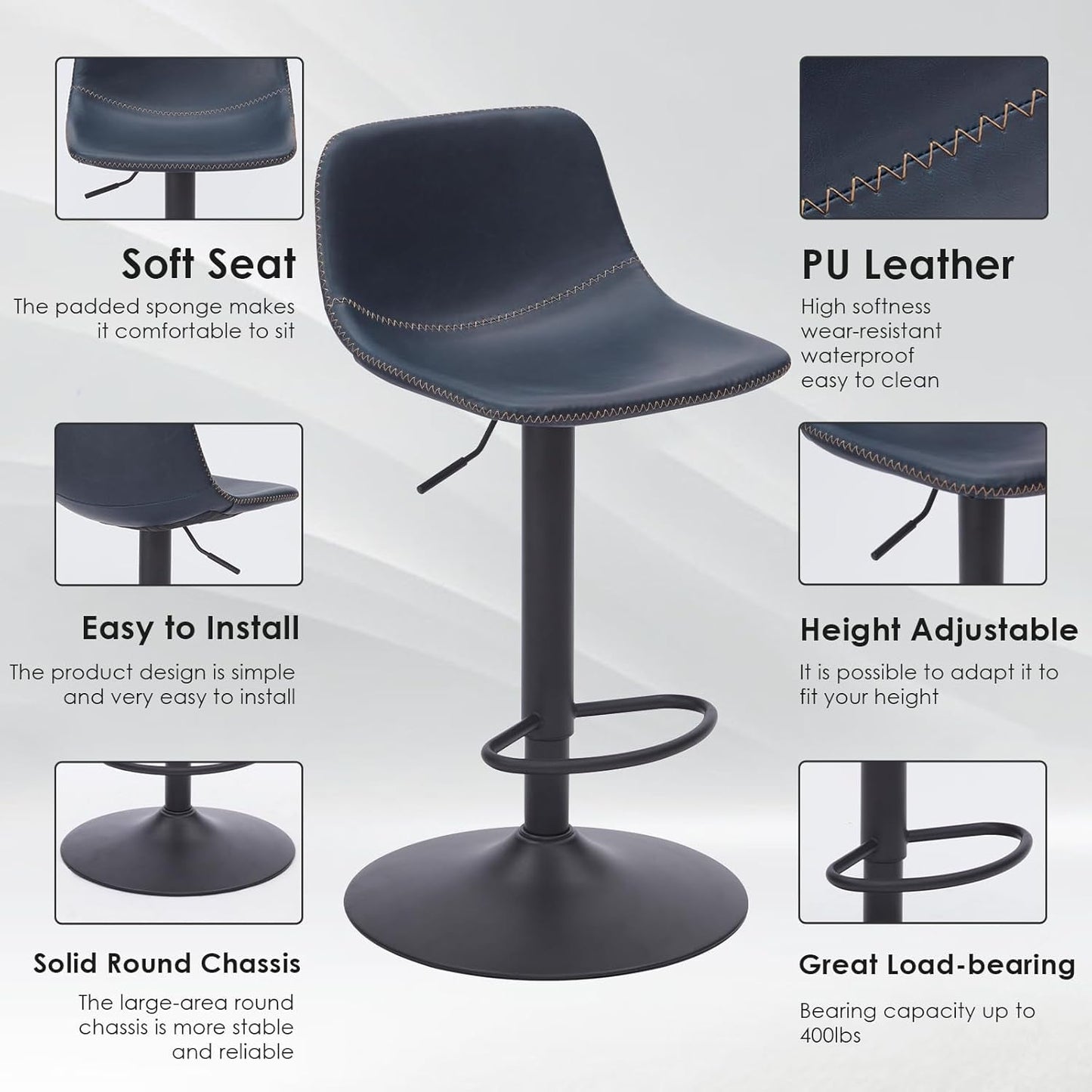 Adjustable Bar Stools Set Of 2 With Swivel Back Support