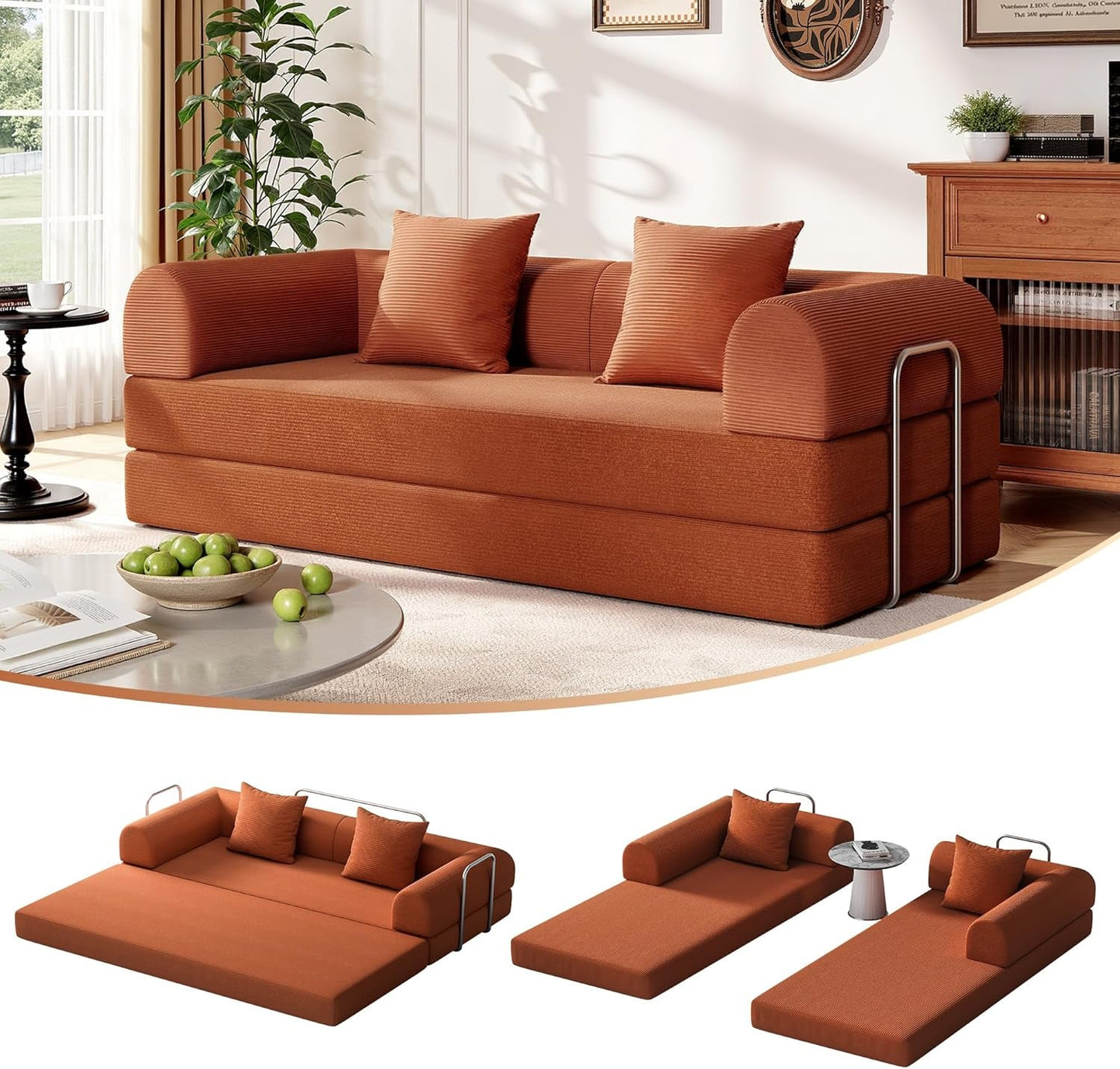 79 Inch Convertible Sofa Bed Orange Corduroy Pillows