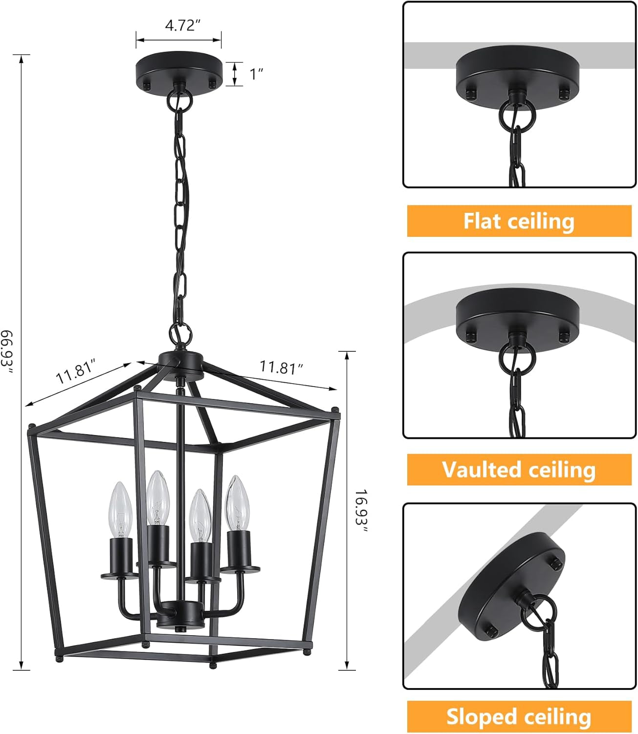 UL Black Industrial Lantern Chandelier 4 Light Pendant dimensions and installation options for flat, vaulted, and sloped ceilings.