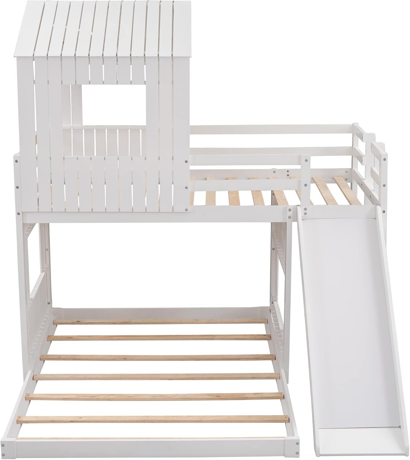 Twin Over Full Bunk Bed With Slide With Guardrails White