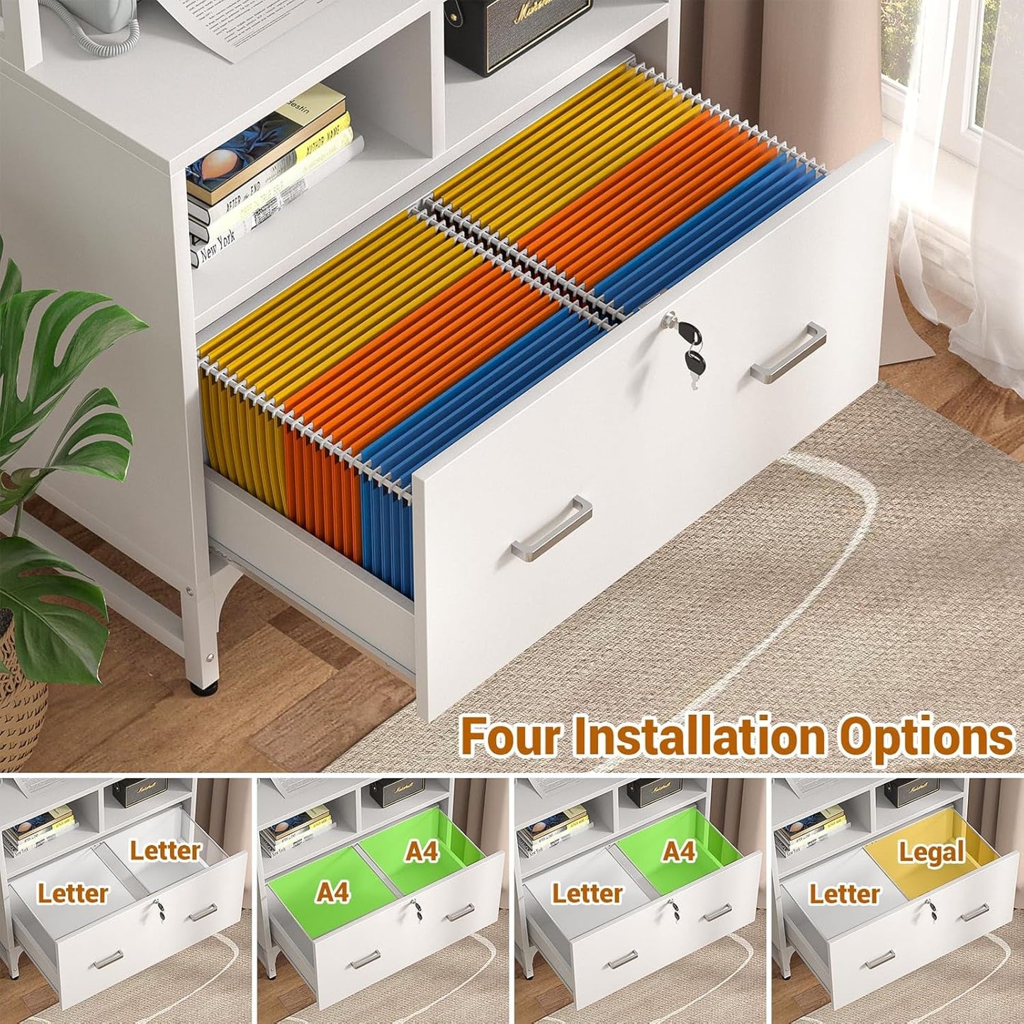 White Printer Stand With Locking File Cabinet And Charging Station