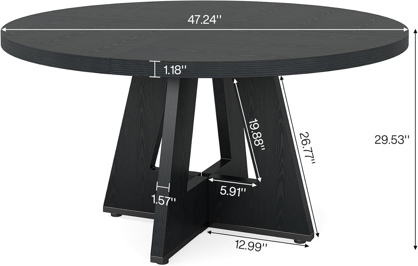Round Wood Dining Table Farmhouse 47 Inch For Dining Room With Cross Base Black