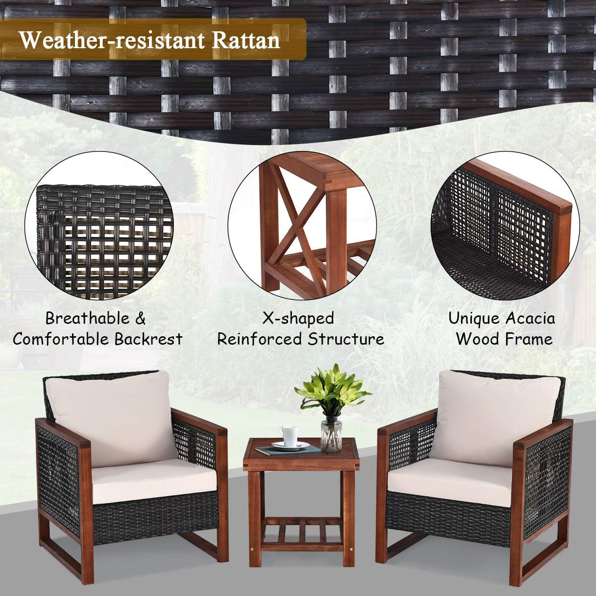 3 Piece Patio Wicker Furniture Set With Beige Washable Cushions And Acacia Wood Coffee Table