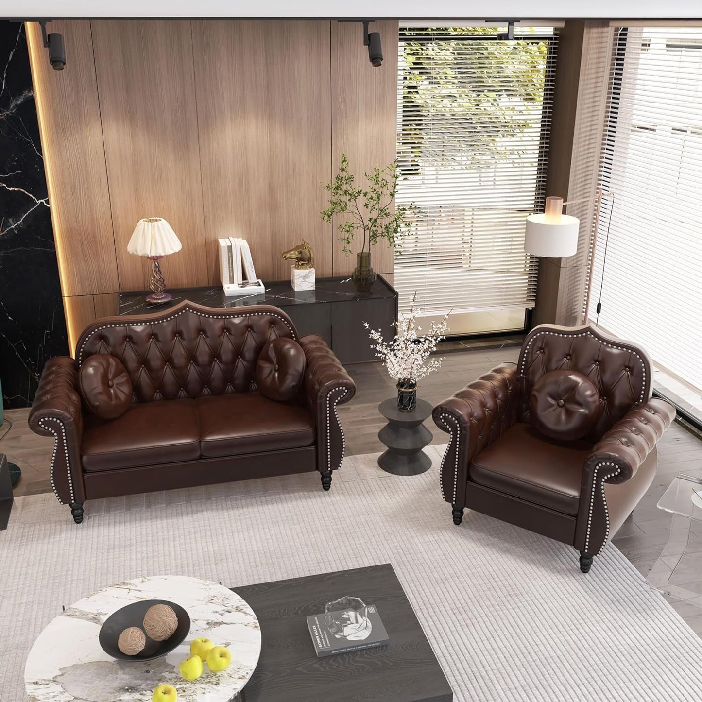 2 Piece Living Room Set Mid-Century Modern Chesterfield Chair Loveseat in Brown PU Leather Edition