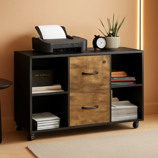 Lateral Filing Cabinet 2 Drawers 4 Open Compartments Black