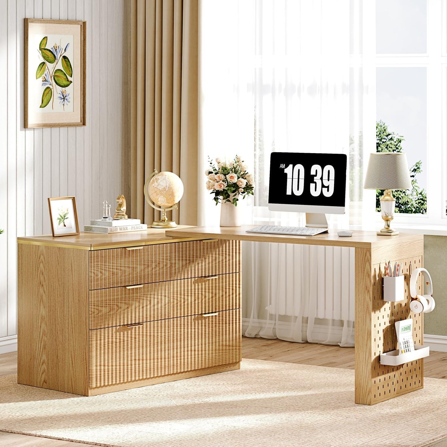 Oak Forty Seven Inch L Shaped Corner Desk With Drawers