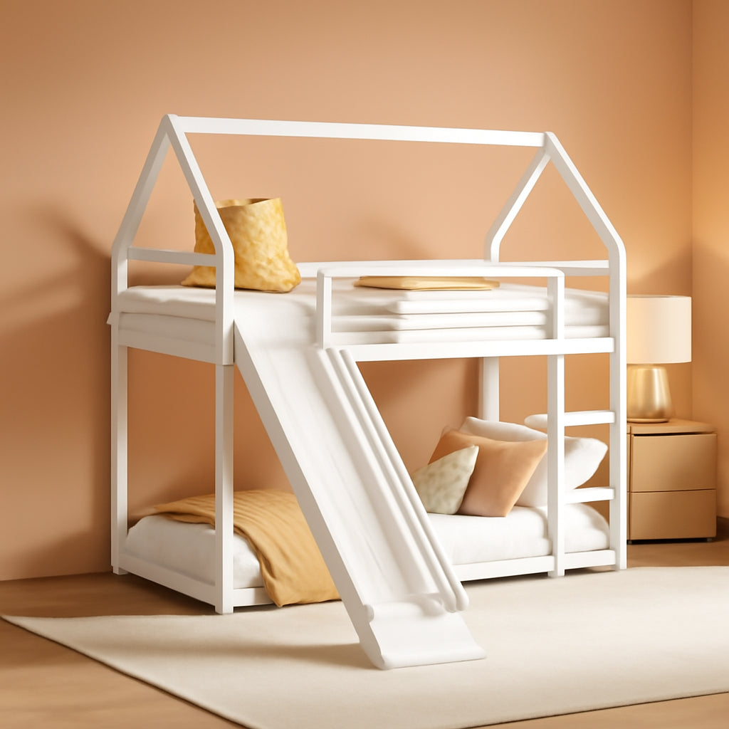 Twin Over Twin Metal Floor Bunk Bed With Slide Playhouse