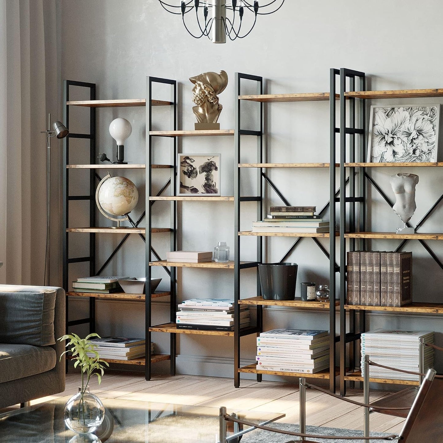 Triple Wide 5 Tier Industrial Bookshelf Matte Black
