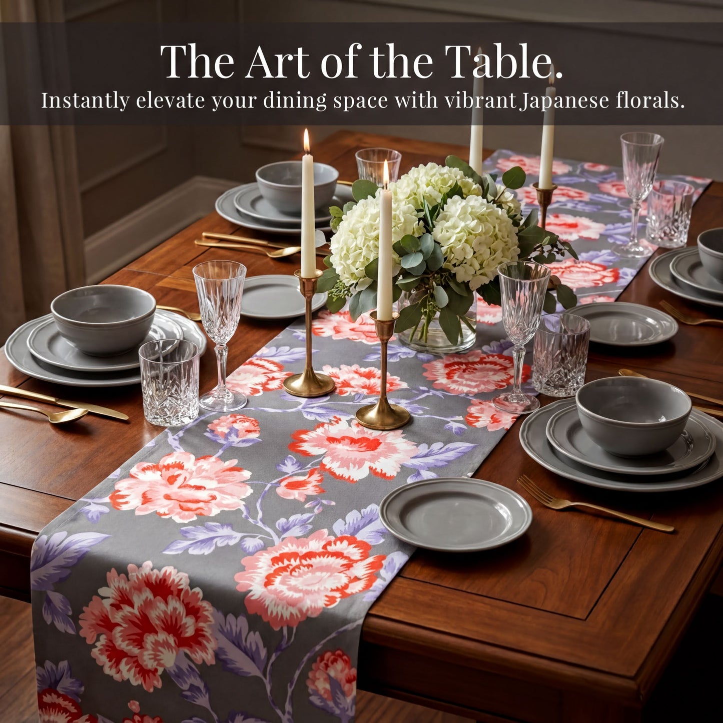 Gray Red Table Runner - Floral Polyester Indoor Outdoor Decorative Linen