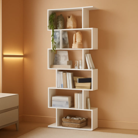 S Shaped Bookshelf White 6 Tier Display Bookcase Office