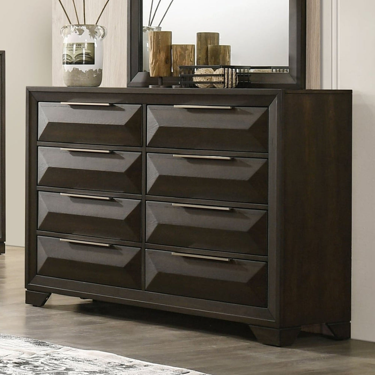 Transitional 1pc Dresser Only with Metal Handles and Beveled Bracket Feet