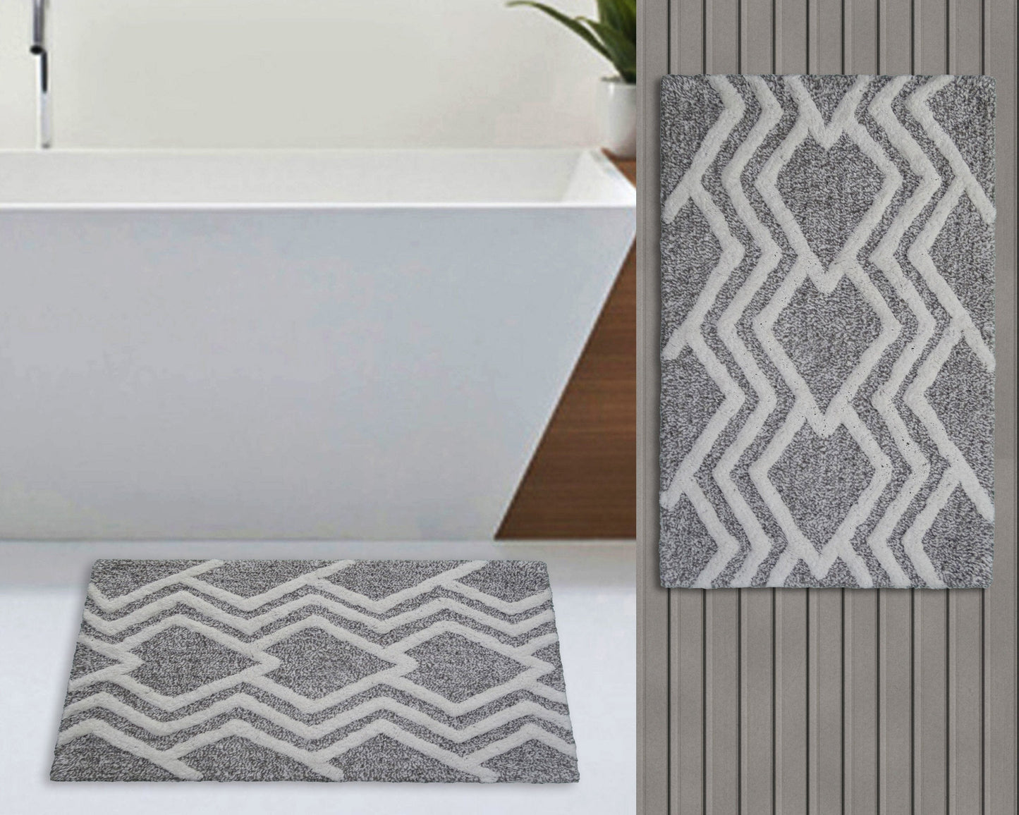 CHICOS HOME Bath Rug Geometric Pattern in Grey & Ivory