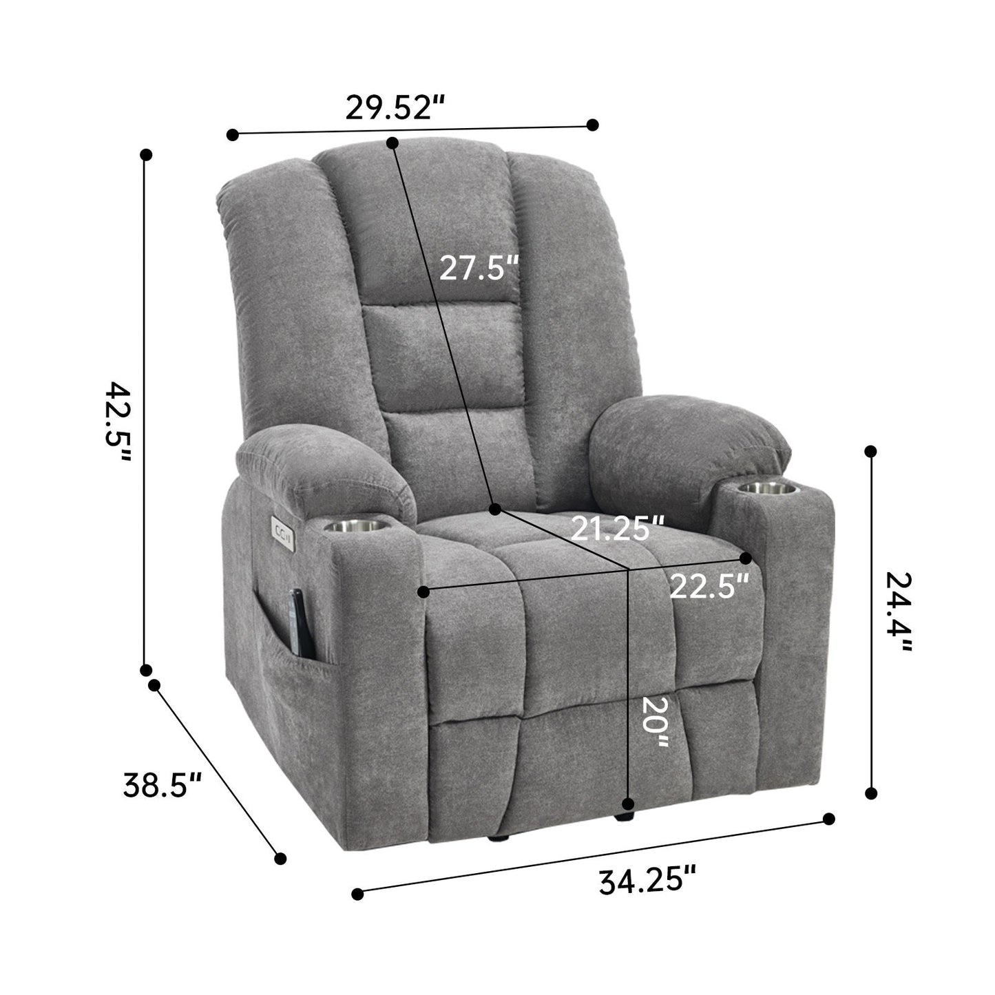 Power Lift Recliner Chair with Massage and Heat for Elderly, Overstuffed Wide Recliners, Heavy Duty Motion Mechanism with USB and Type C Ports, 2 Steel Cup Holders, Light Grey