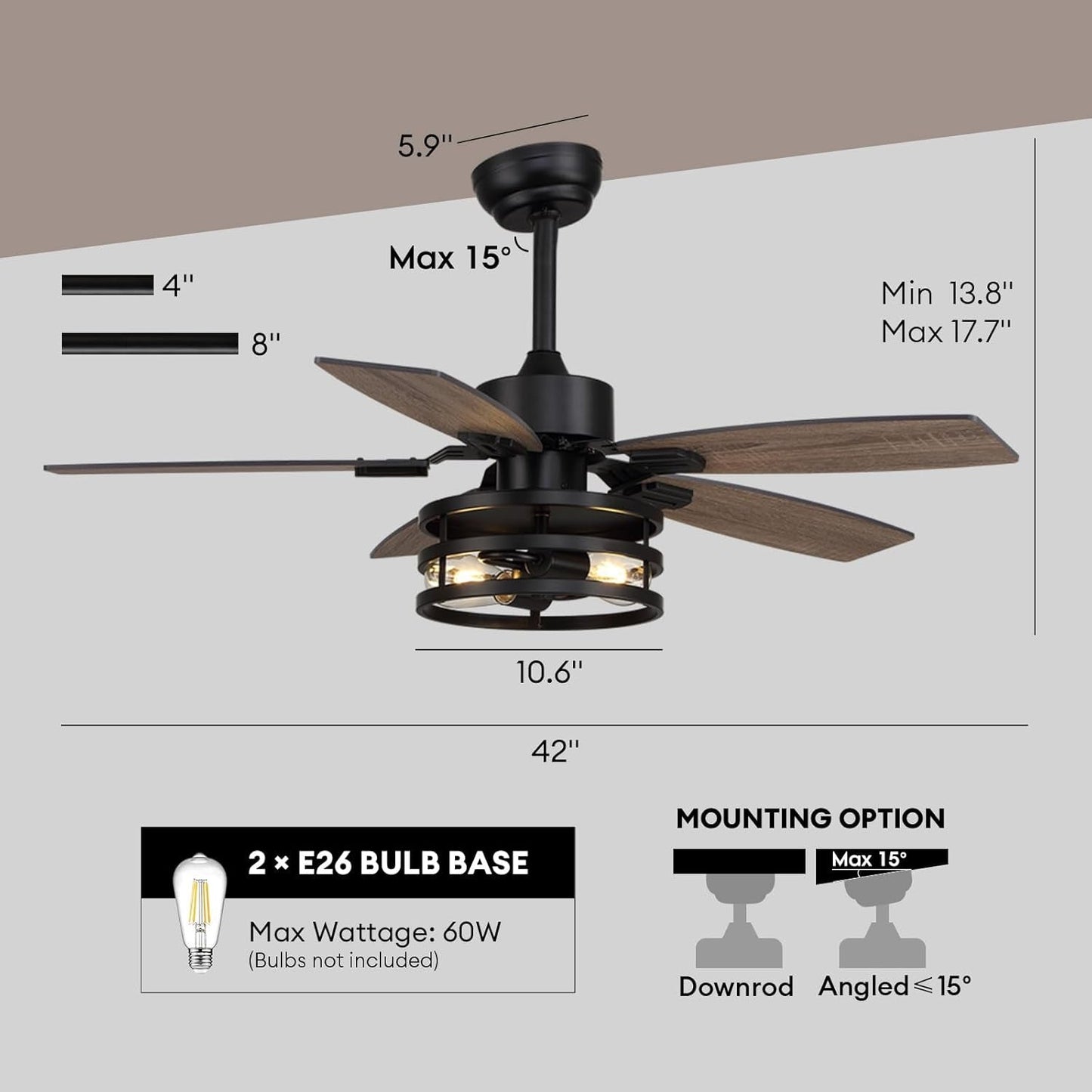 42 Inch Caged Ceiling Fan With Remote Control For Indoor And Outdoor dimensions and features including mounting options.