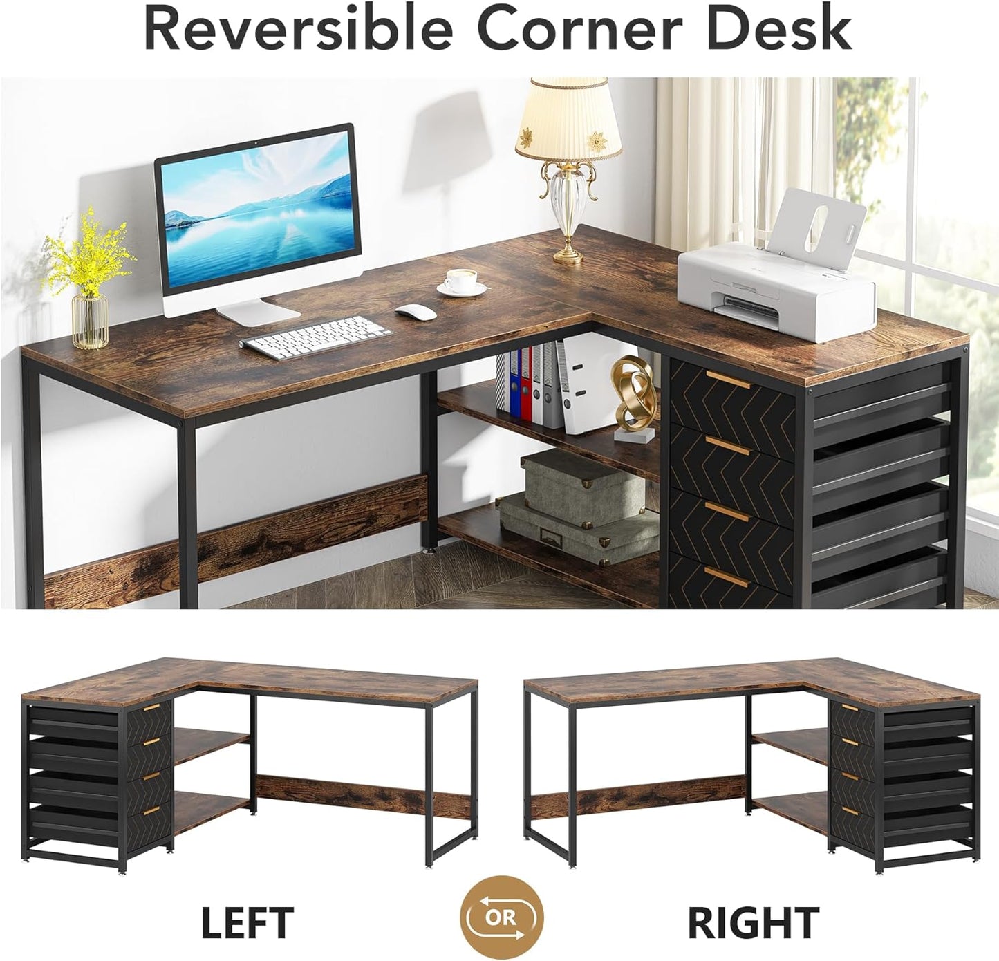59” L-Shaped Computer Desk with Drawers and Storage Shelves