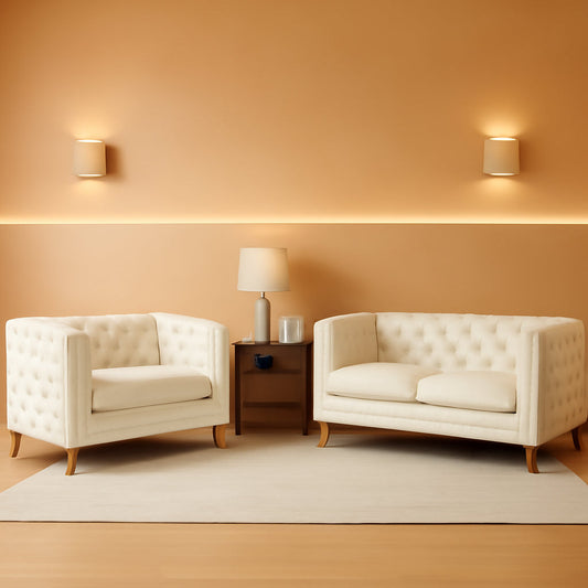 Velvet Beige 80-Inch Sofa Set With 58-Inch Loveseat And Gold Nail Heads