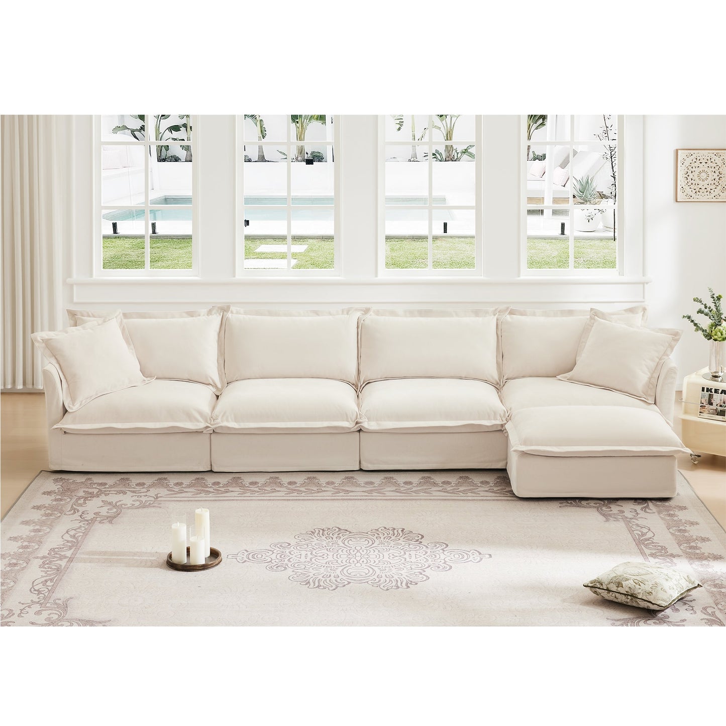 Slipcovered L Shape Sectional Long Sofa Couch - 4 Seater