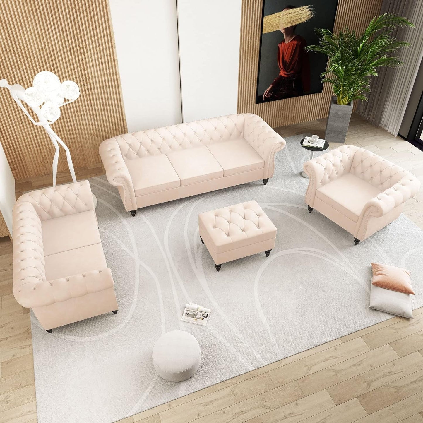 Beige Velvet Sectional Sofa Set With Button Tufting