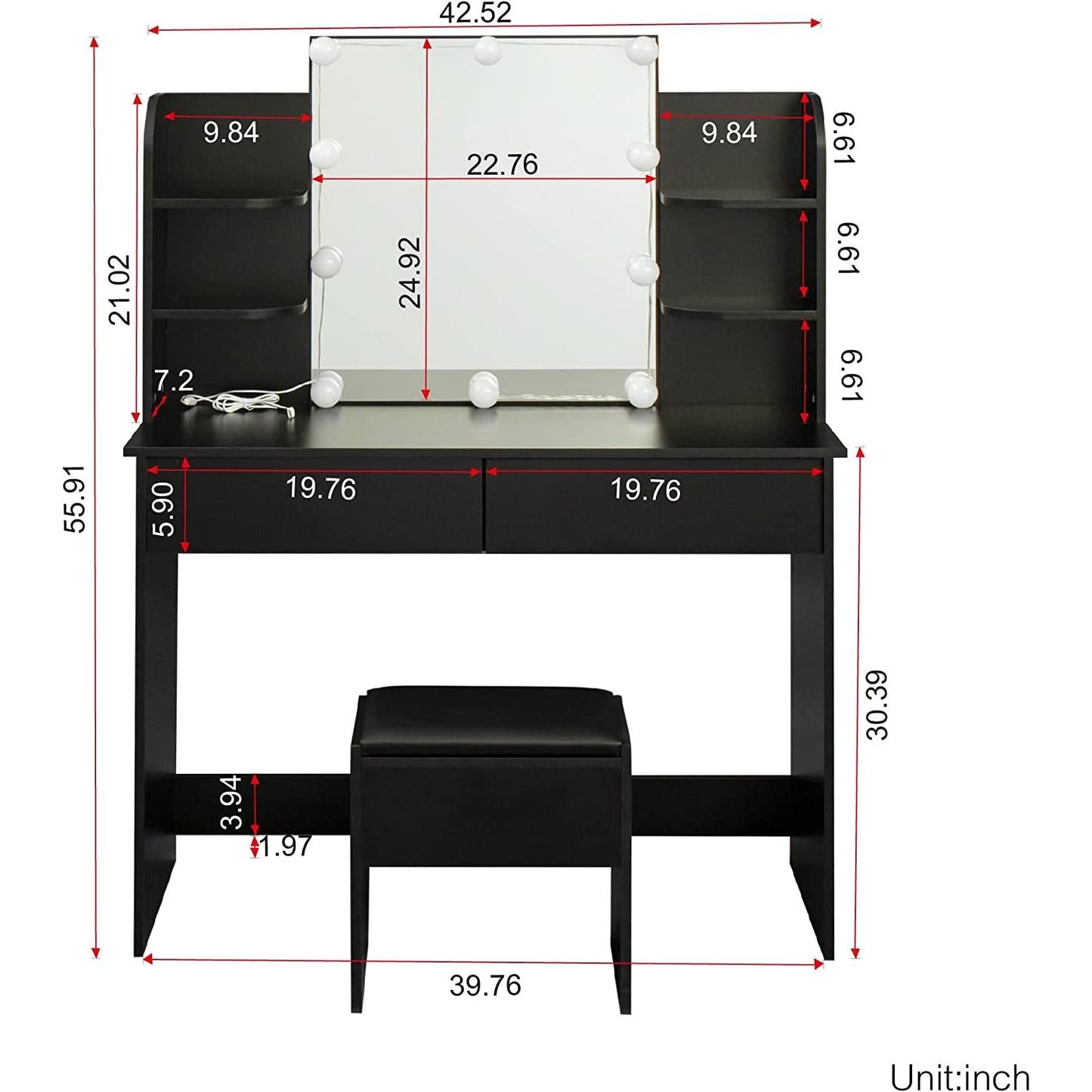 Black Vanity Set With 10 Lights For Bedroom Storage