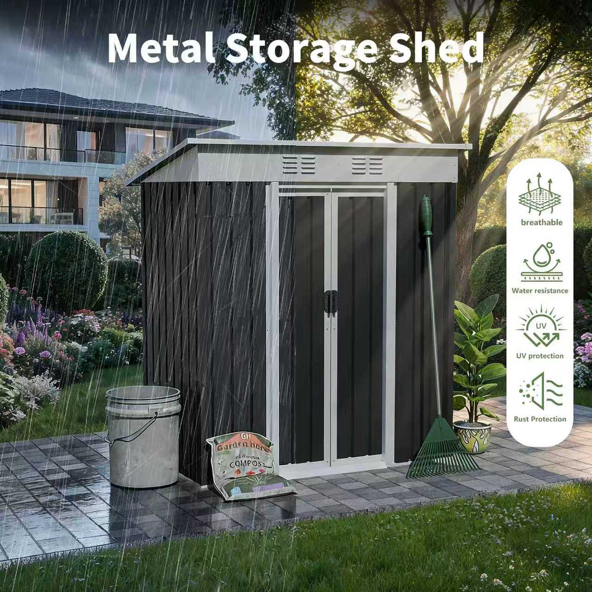 5x3 FT Metal Garden Shed with Sliding Door Pent Roof
