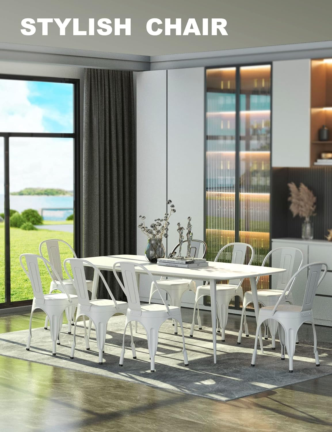 Tolix Style Metal Dining Chair White Stackable Set Of 4 in a modern dining room setting.